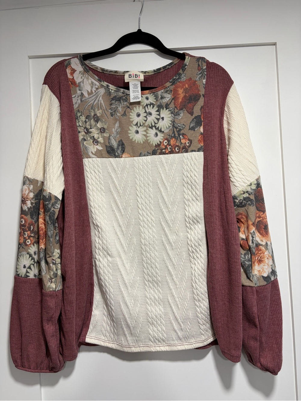 BiBi Cream, Mauve & Floral Patchwork Crewneck Sweater